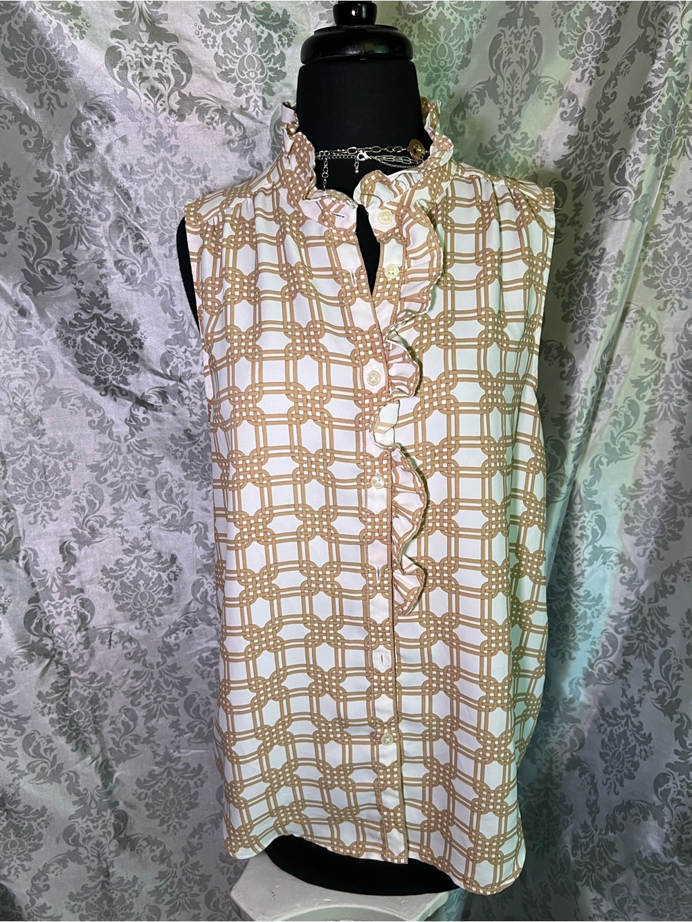 Ann Taylor White & Tan Sleeveless Ruffle-Front Blouse